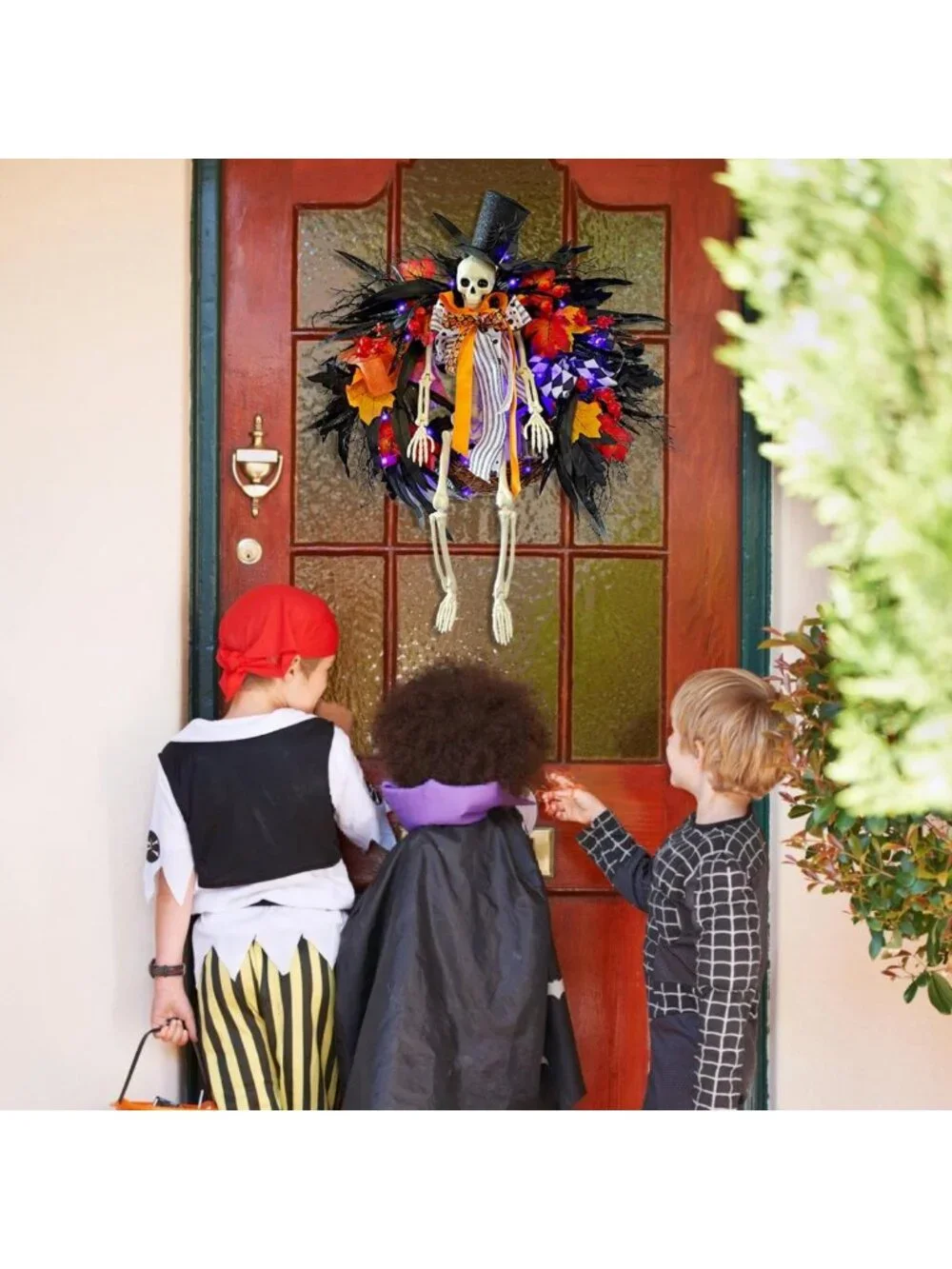 28-Inch Lighted Halloween Skeleton Wreath | Gothic Dark Aesthetic Door Decor